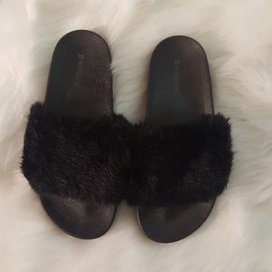 Faux Fur Slide Sandals - Bamboo - Black - SZ 7